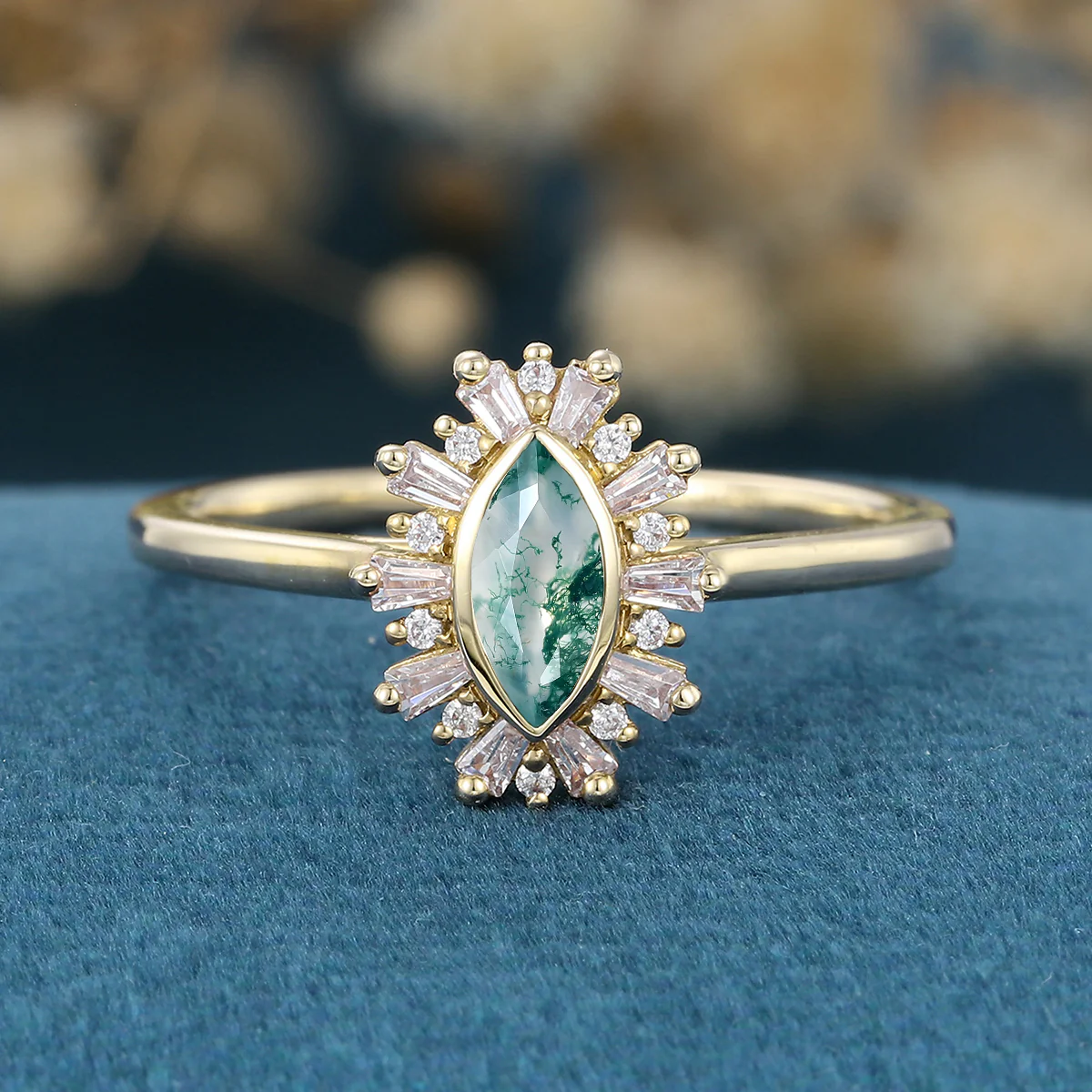 Bezel setting Marquise cut Moss Agate Halo Moissanite | Diamond Gold Engagement Ring - Image 7