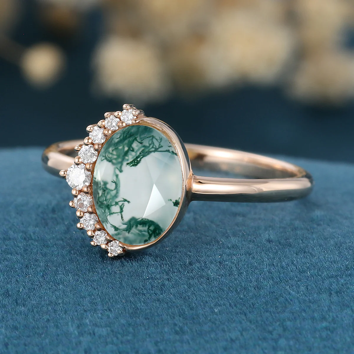 Bezel setting Oval cut Moss Agate Halo Moissanite | Diamonds Gold Engagement Ring - Image 4