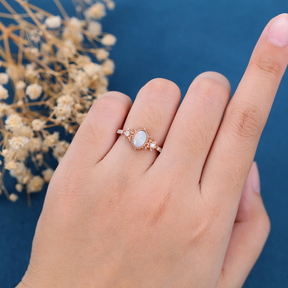 Bezel setting Oval cut Opal Halo Moissanite | Diamonds Gold Engagement Ring - Image 2