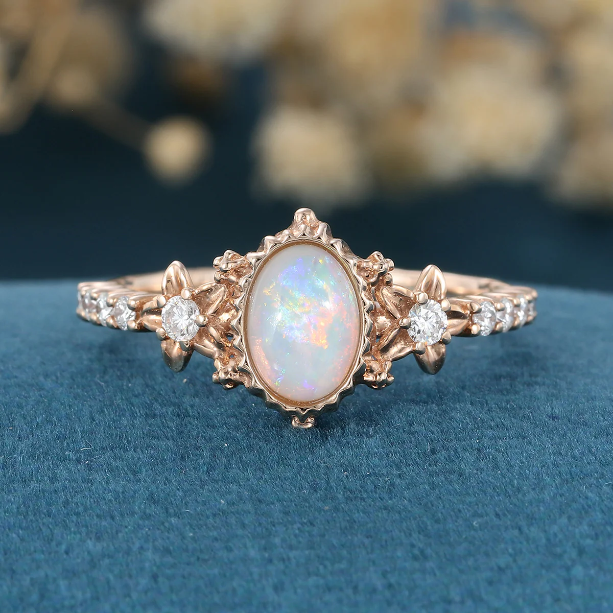 Bezel setting Oval cut Opal Halo Moissanite | Diamonds Gold Engagement Ring - Image 3