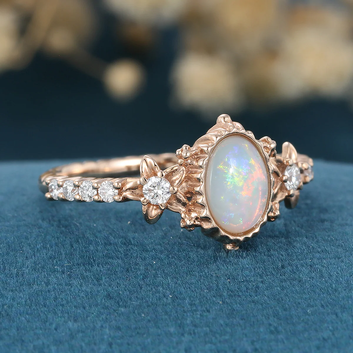 Bezel setting Oval cut Opal Halo Moissanite | Diamonds Gold Engagement Ring - Image 4