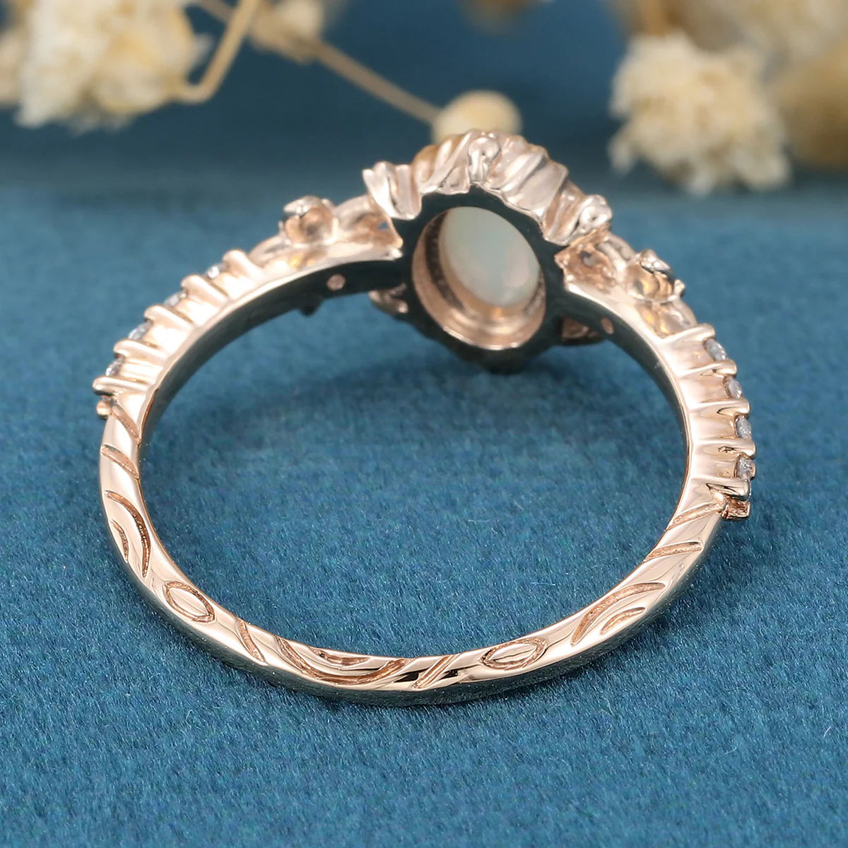 Bezel setting Oval cut Opal Halo Moissanite | Diamonds Gold Engagement Ring - Image 5