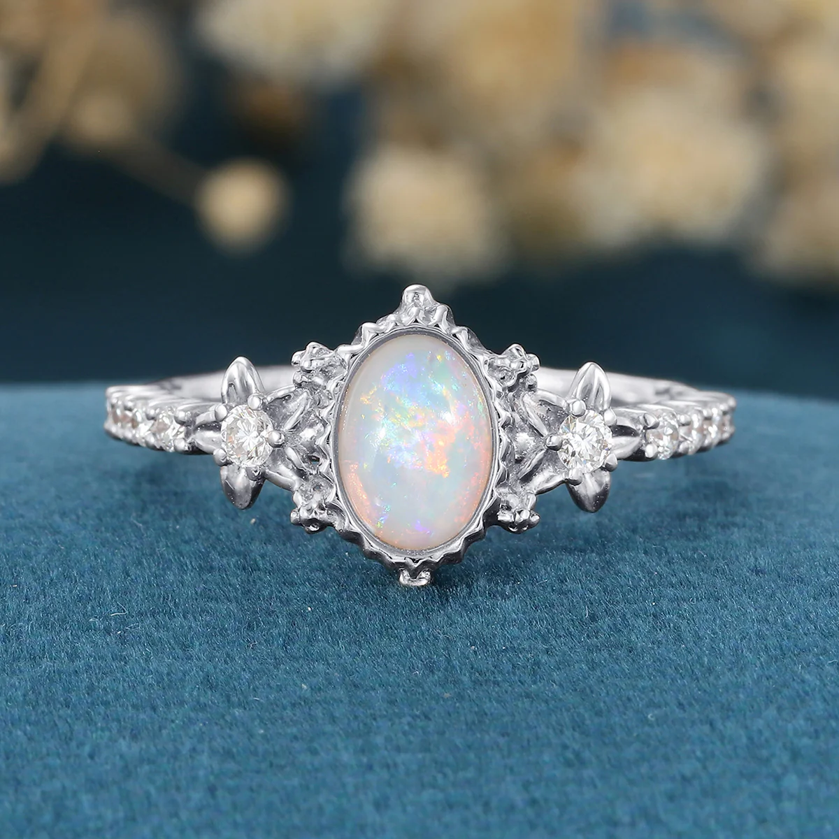 Bezel setting Oval cut Opal Halo Moissanite | Diamonds Gold Engagement Ring - Image 6