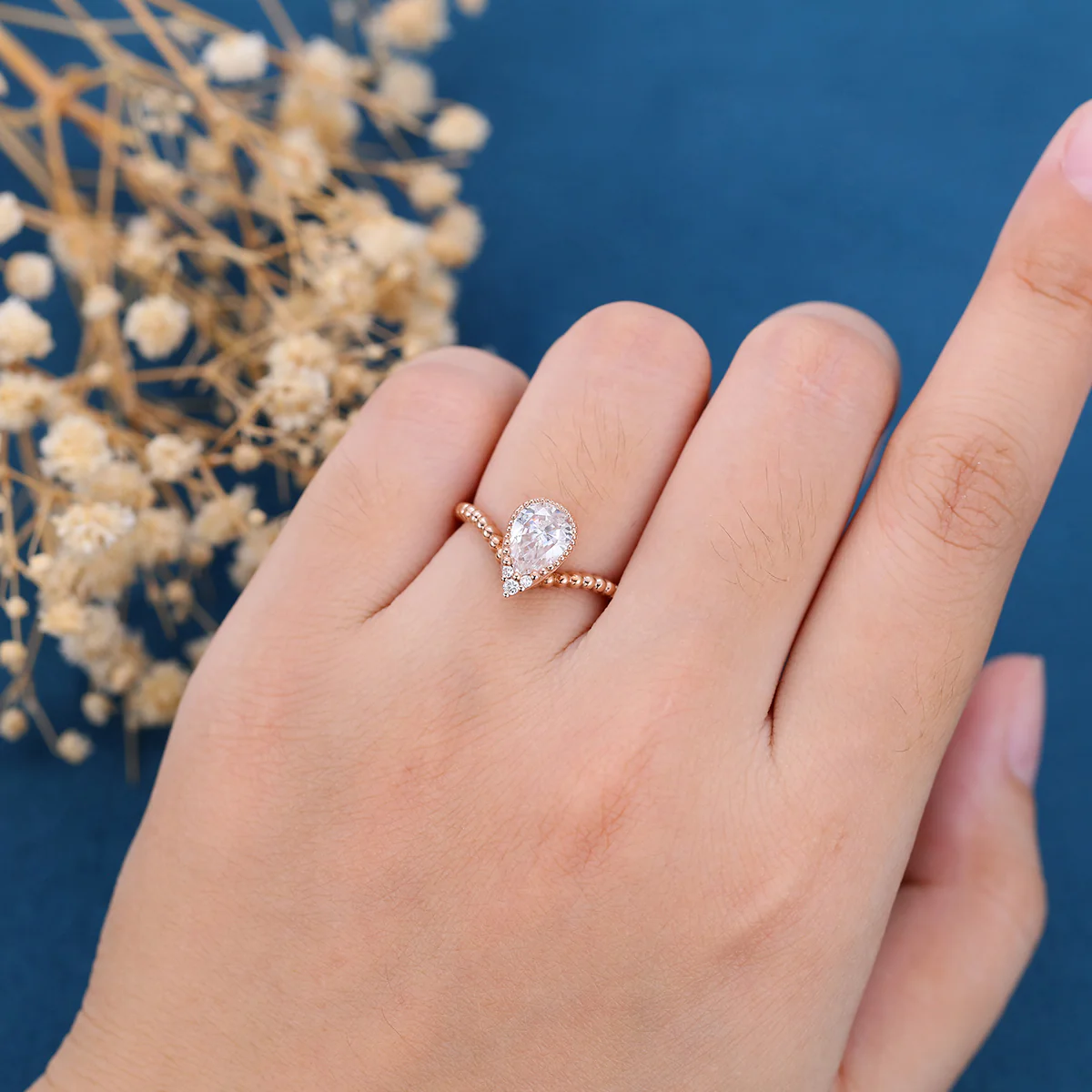 Bezel setting Pear cut Moissanite Gold Engagement Ring - Image 2