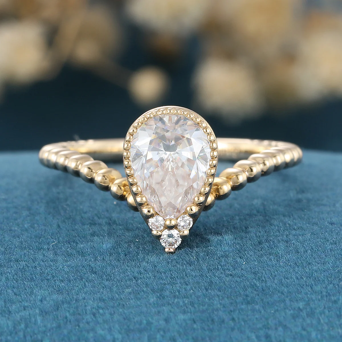Bezel setting Pear cut Moissanite Gold Engagement Ring - Image 8