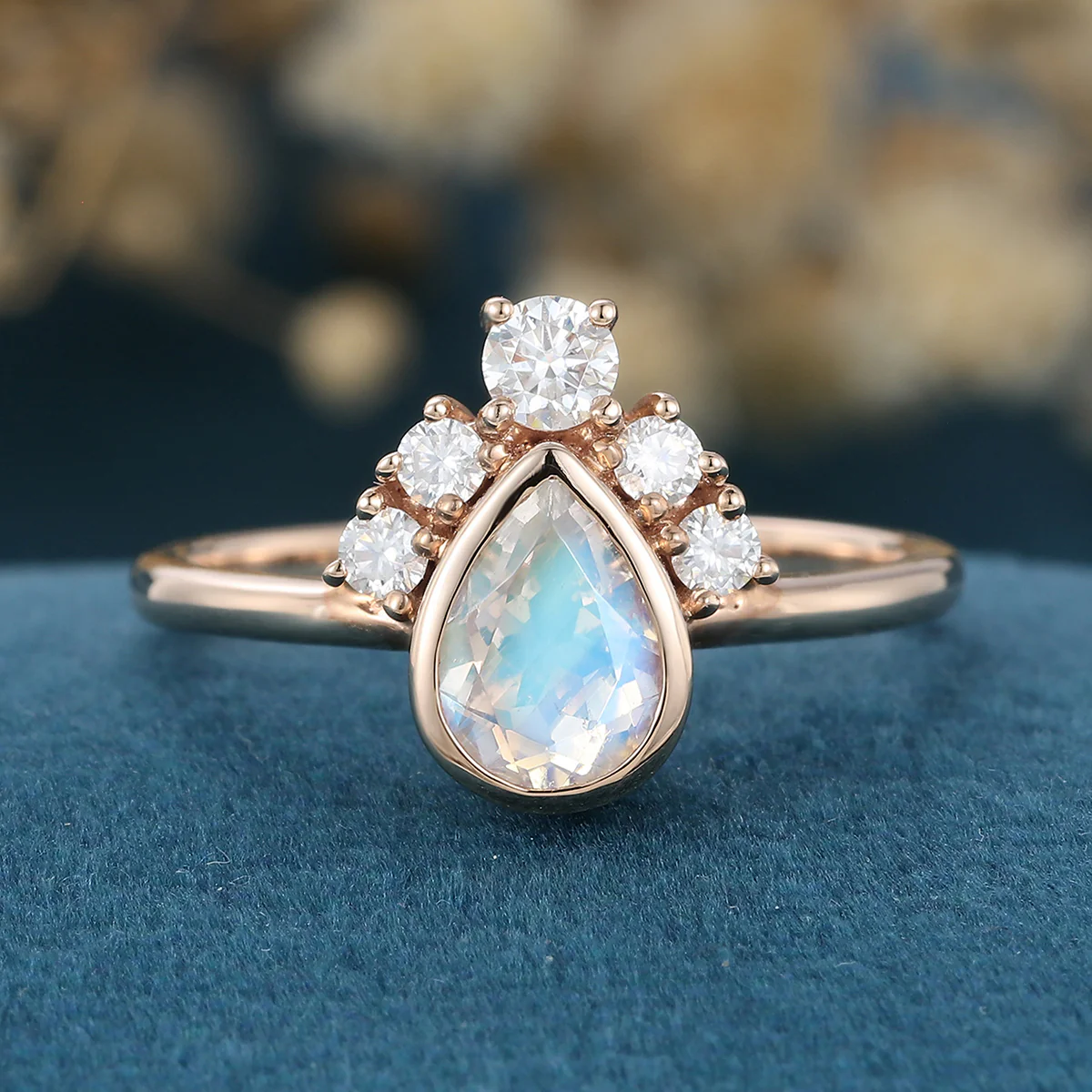 Bezel setting Pear cut Moonstone Halo Moissanite | Diamonds Gold Engagement Ring - Image 3