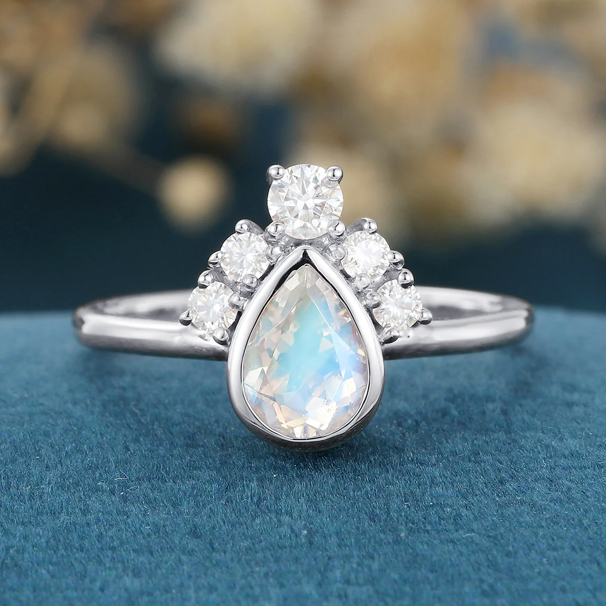 Bezel setting Pear cut Moonstone Halo Moissanite | Diamonds Gold Engagement Ring - Image 7