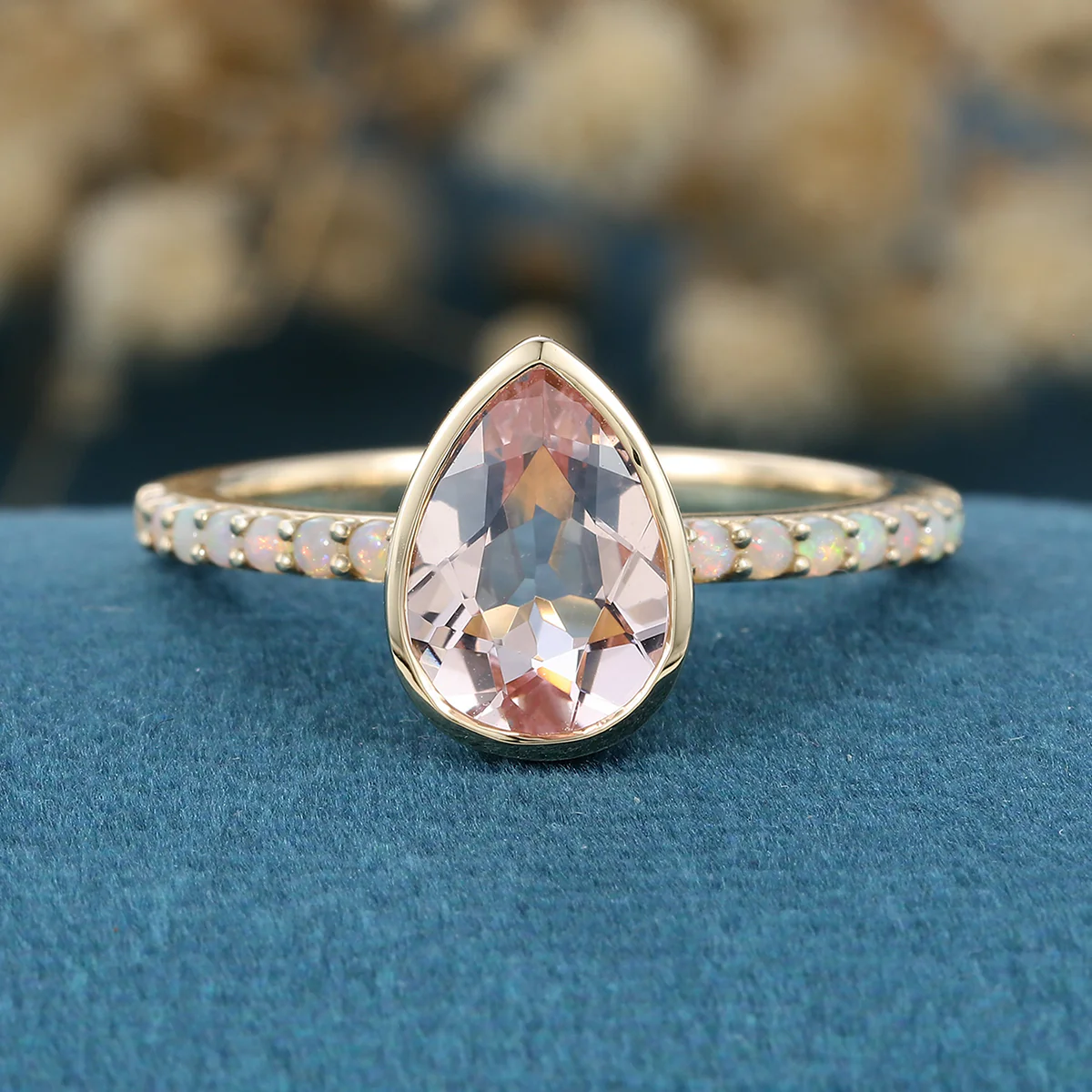 Bezel setting Pear cut Morganite Half Eternity Gold Engagement Ring - Image 3