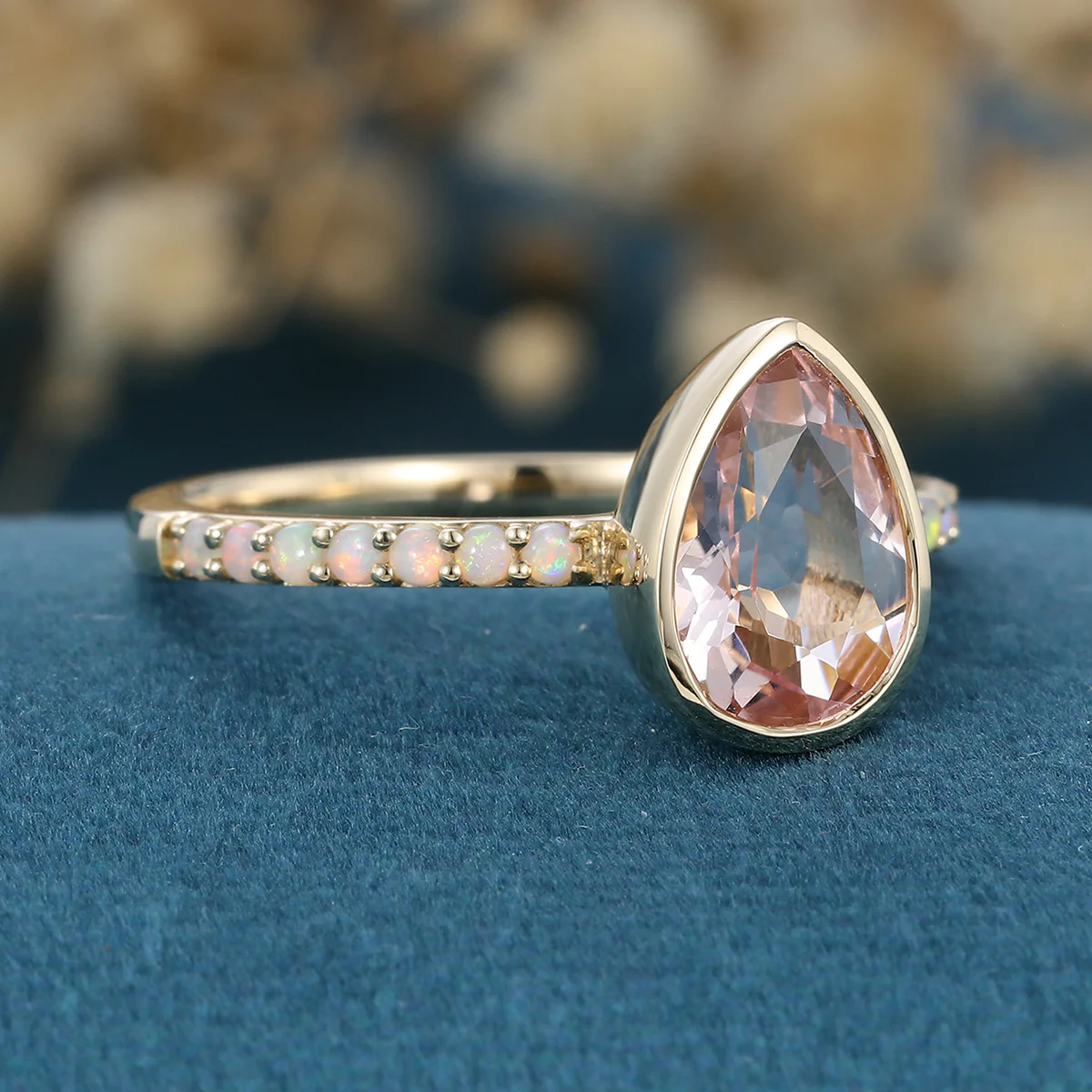 Bezel setting Pear cut Morganite Half Eternity Gold Engagement Ring - Image 4