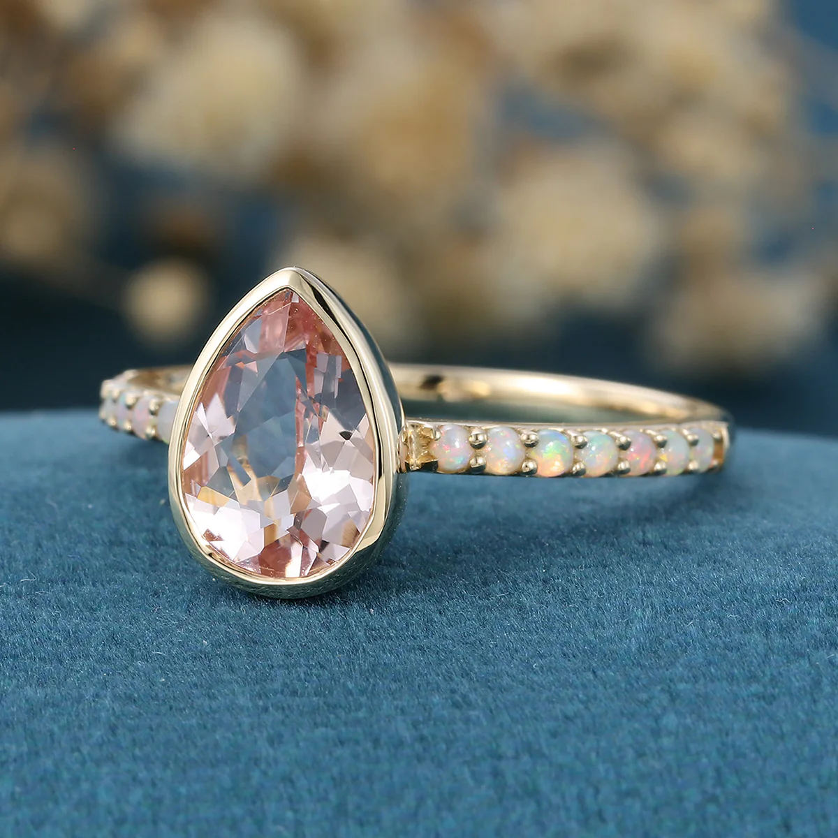 Bezel setting Pear cut Morganite Half Eternity Gold Engagement Ring - Image 5