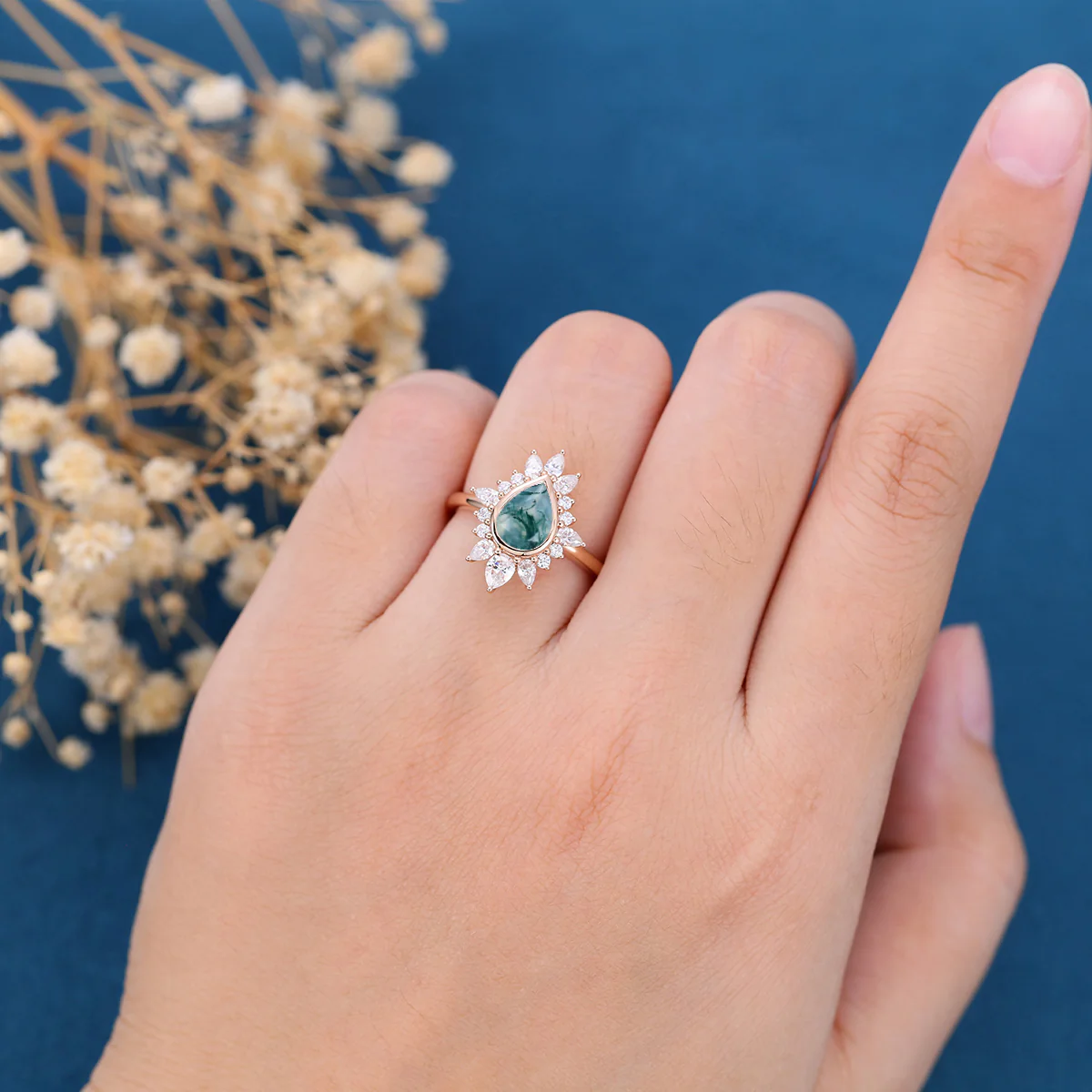 Bezel setting Pear cut Moss Agate Gold Engagement Ring - Image 2