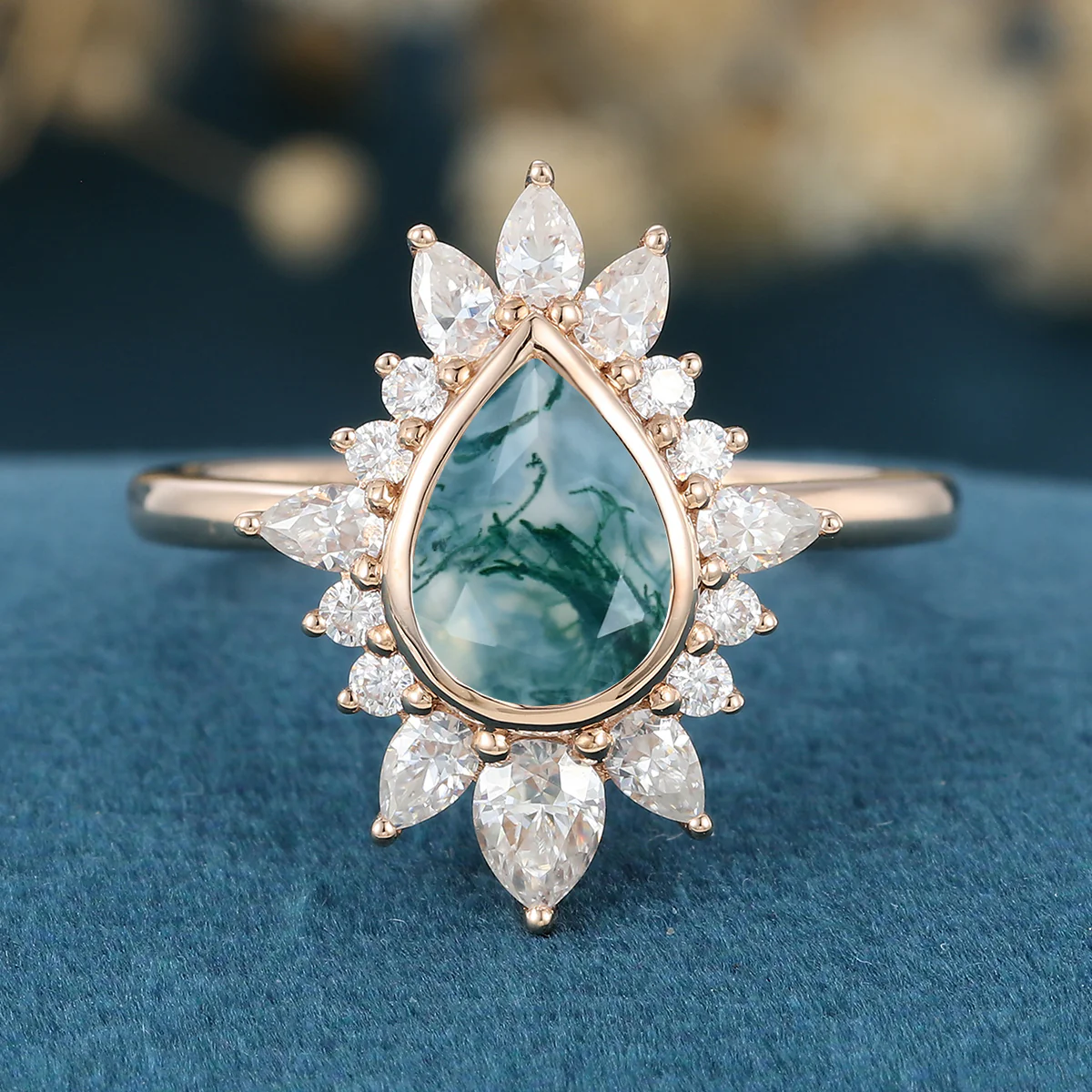 Bezel setting Pear cut Moss Agate Gold Engagement Ring - Image 3