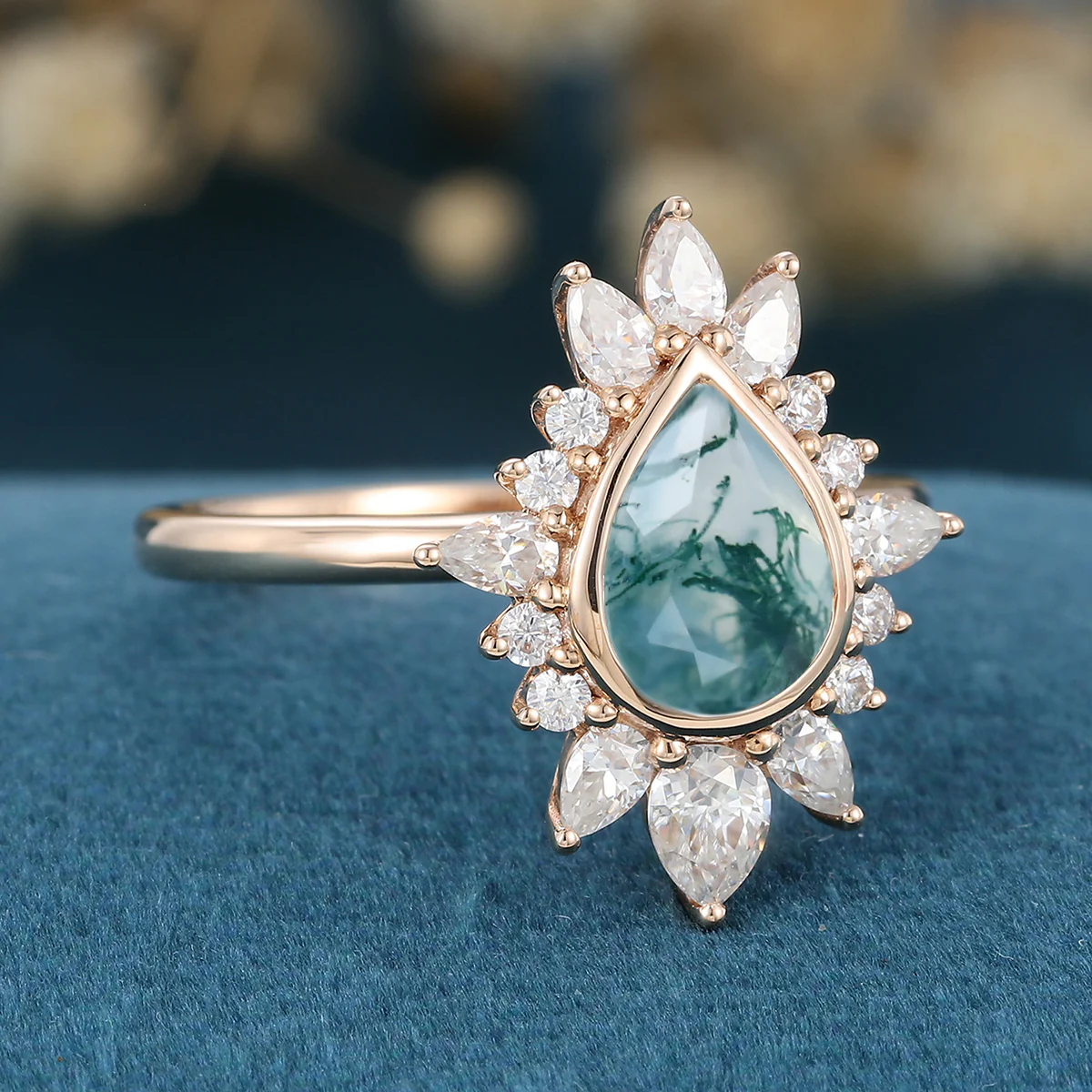 Bezel setting Pear cut Moss Agate Gold Engagement Ring - Image 4