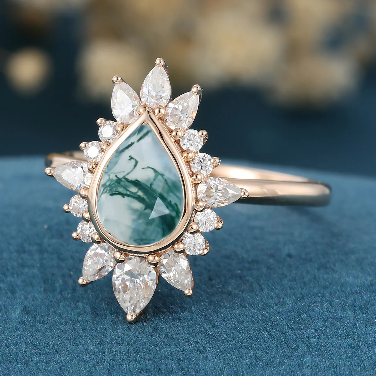 Bezel setting Pear cut Moss Agate Gold Engagement Ring - Image 5