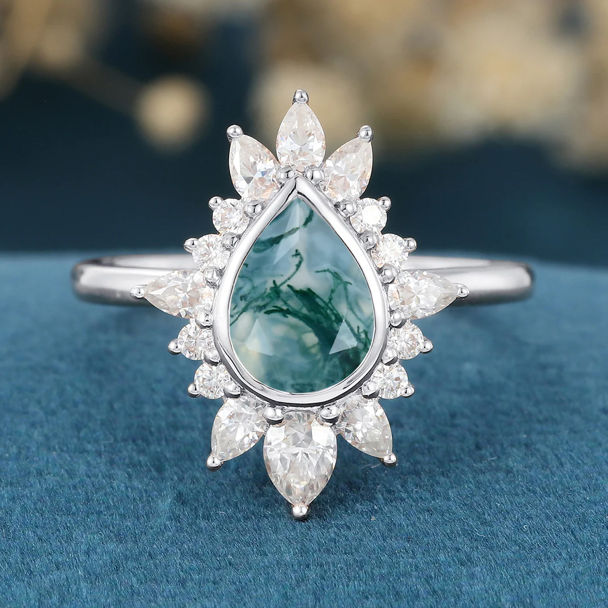 Bezel setting Pear cut Moss Agate Gold Engagement Ring - Image 6