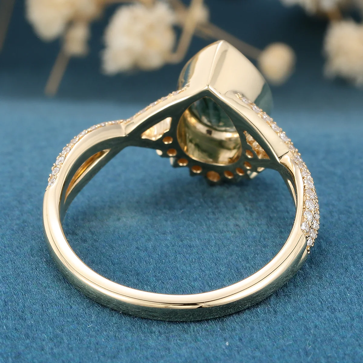 Bezel setting Pear cut Moss Agate Gold Engagement Ring - Image 10