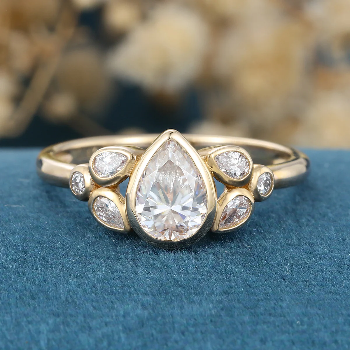 Bezel setting Pear cut Moissanite Gold Engagement Ring - Image 8