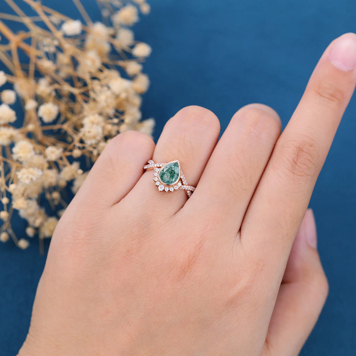 Bezel setting Pear cut Moss Agate Gold Engagement Ring - Image 2