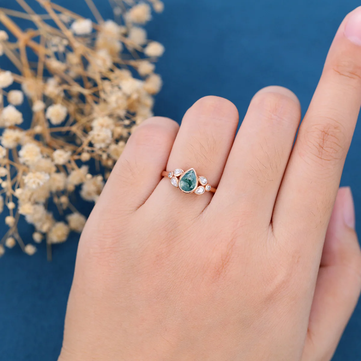 Bezel setting Pear cut Moss Agate Gold Engagement Ring - Image 2
