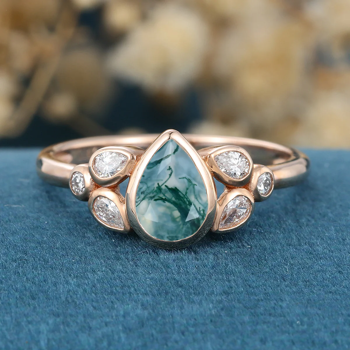 Bezel setting Pear cut Moss Agate Gold Engagement Ring - Image 3