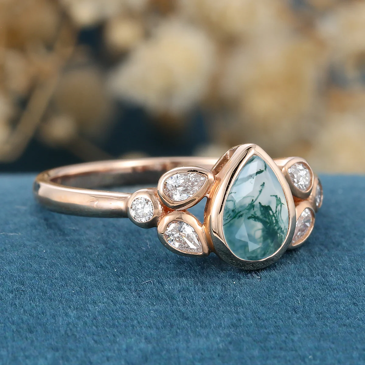 Bezel setting Pear cut Moss Agate Gold Engagement Ring - Image 4