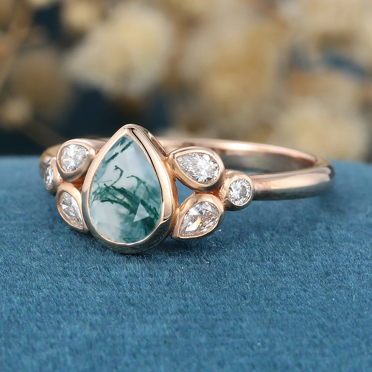 Bezel setting Pear cut Moss Agate Gold Engagement Ring - Image 5