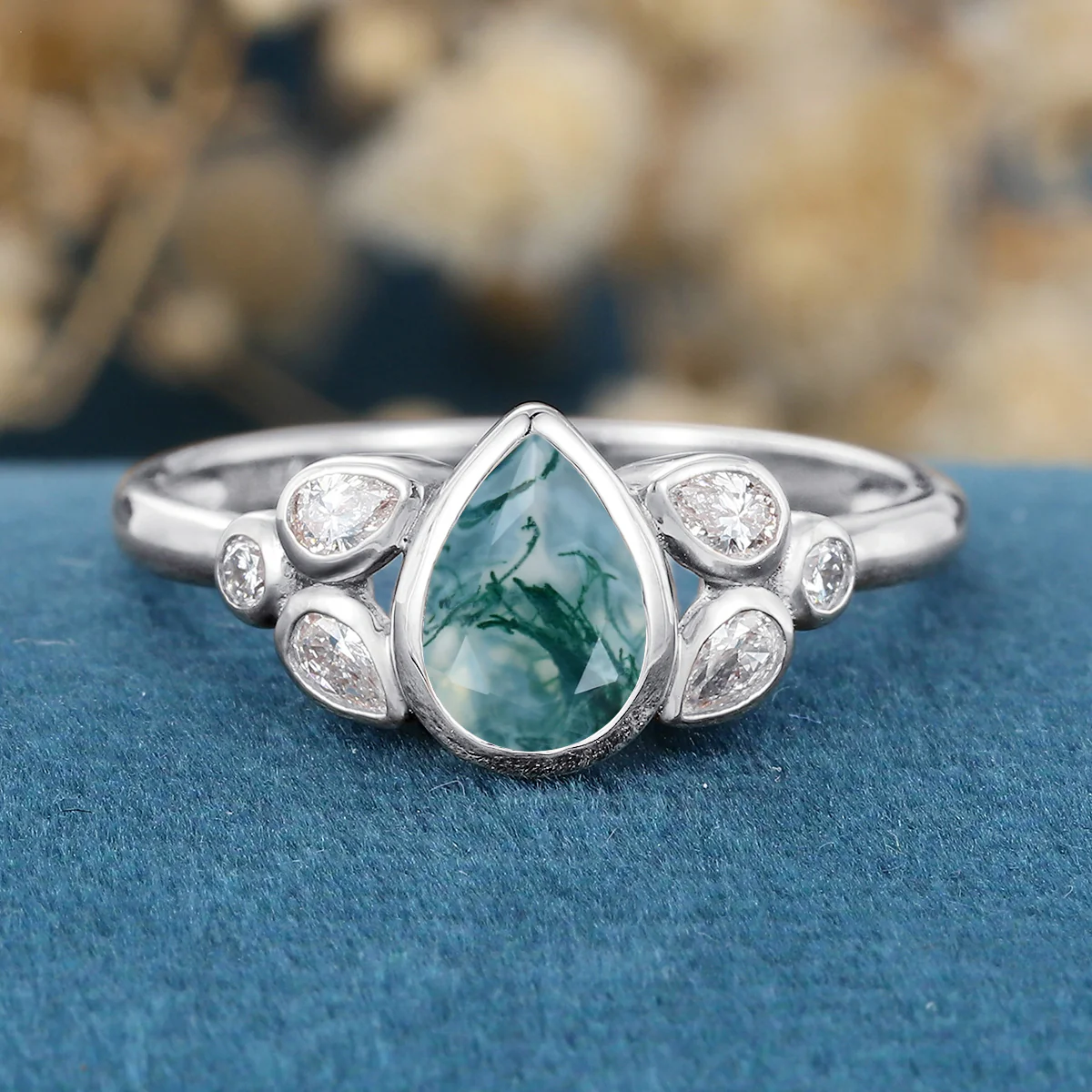 Bezel setting Pear cut Moss Agate Gold Engagement Ring - Image 6