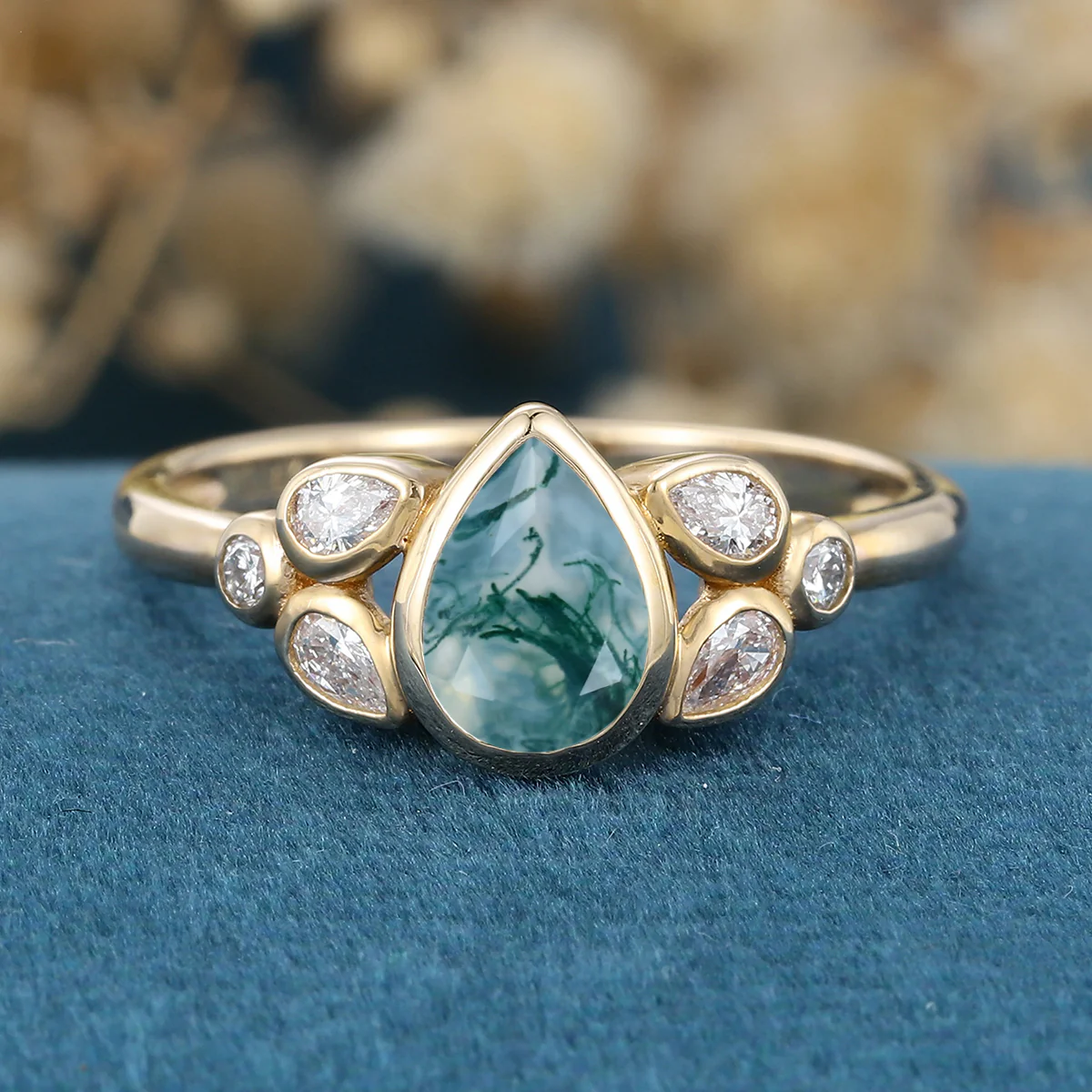 Bezel setting Pear cut Moss Agate Gold Engagement Ring - Image 7