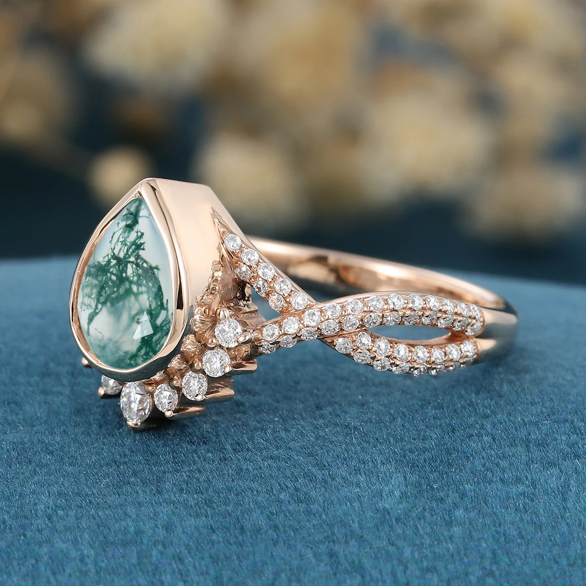 Bezel setting Pear cut Moss Agate Gold Engagement Ring - Image 5