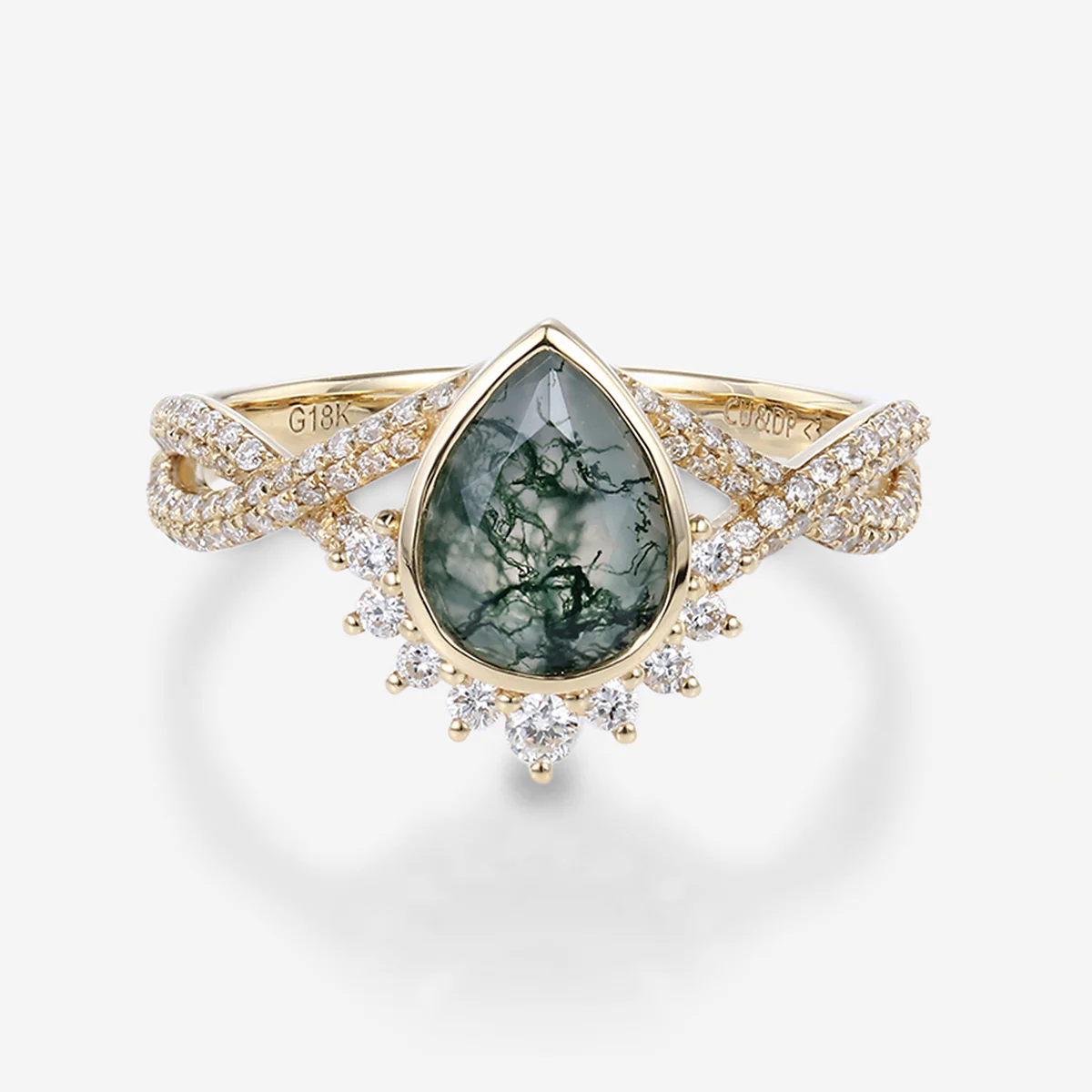 Bezel setting Pear cut Moss Agate Gold Engagement Ring - Image 8