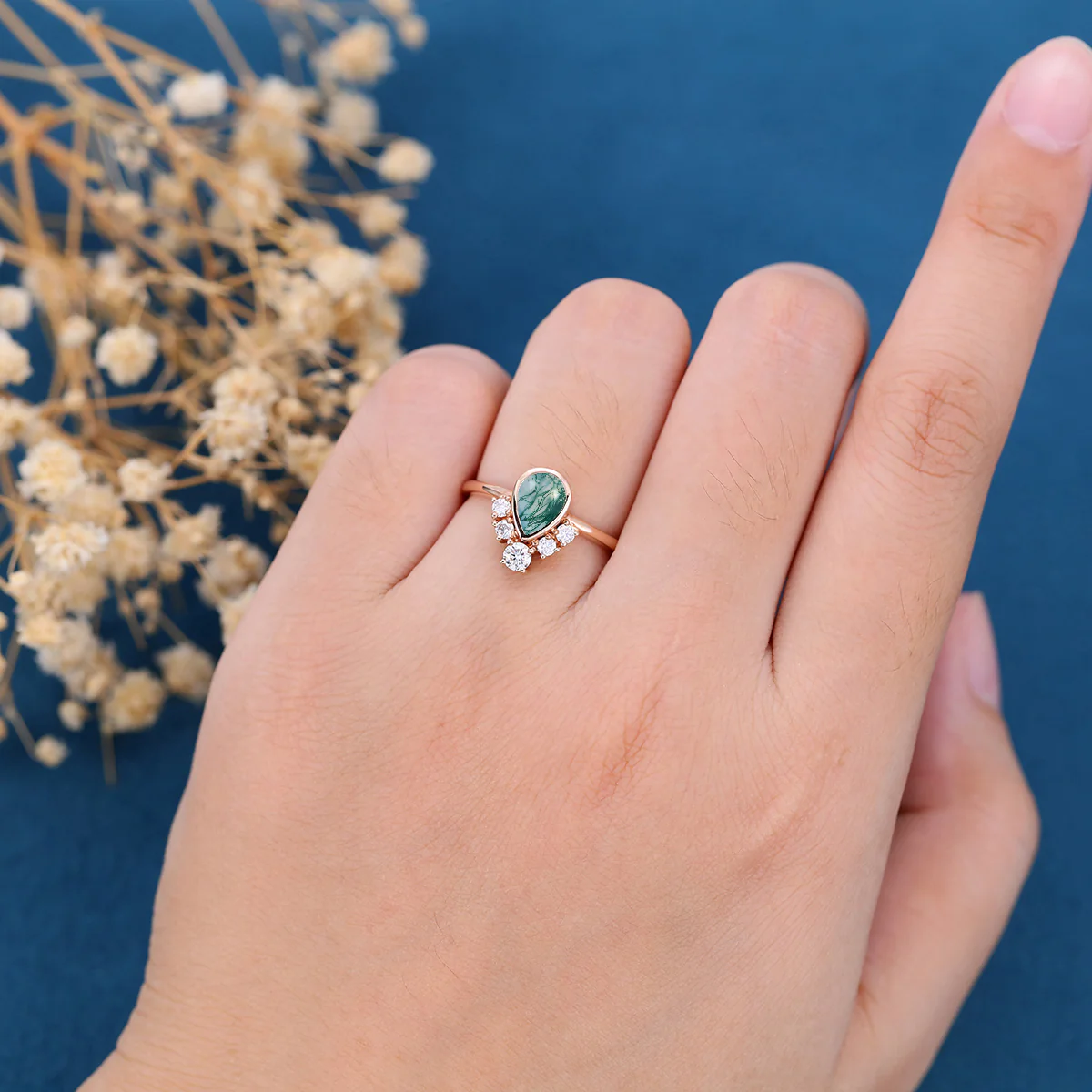 Bezel setting Pear cut Moss Agate Halo Moissanite | Diamonds Gold Engagement Ring - Image 2