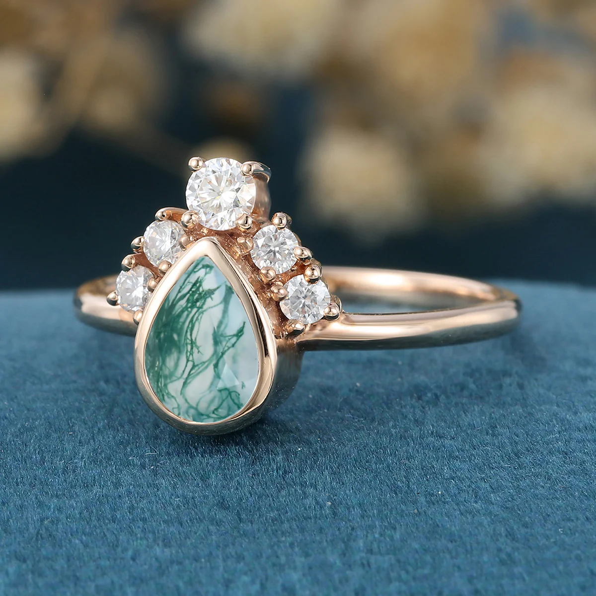 Bezel setting Pear cut Moss Agate Halo Moissanite | Diamonds Gold Engagement Ring - Image 4