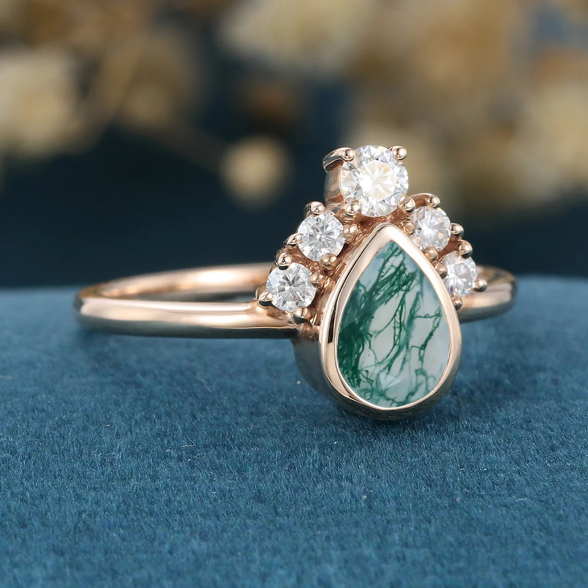 Bezel setting Pear cut Moss Agate Halo Moissanite | Diamonds Gold Engagement Ring - Image 5