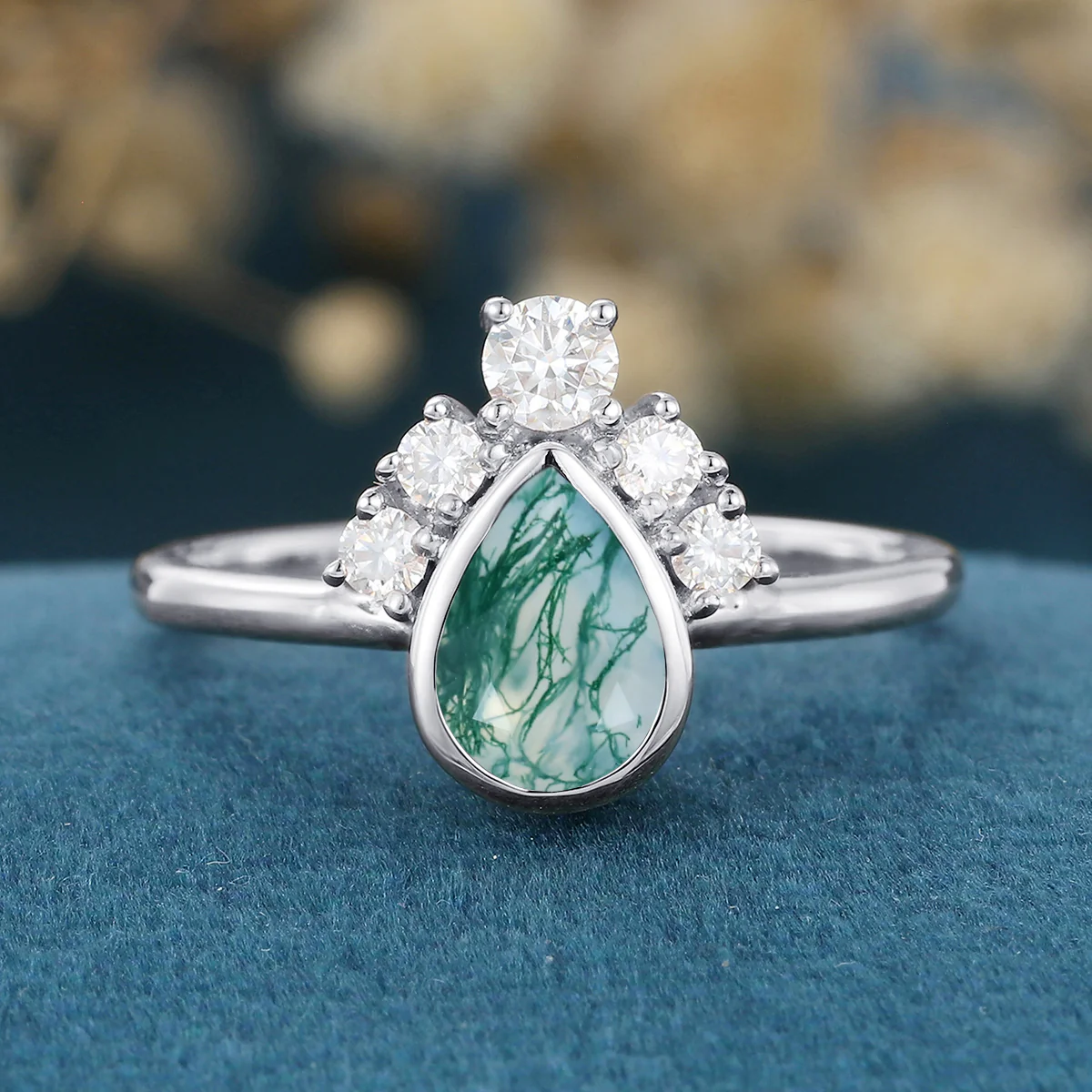 Bezel setting Pear cut Moss Agate Halo Moissanite | Diamonds Gold Engagement Ring - Image 6