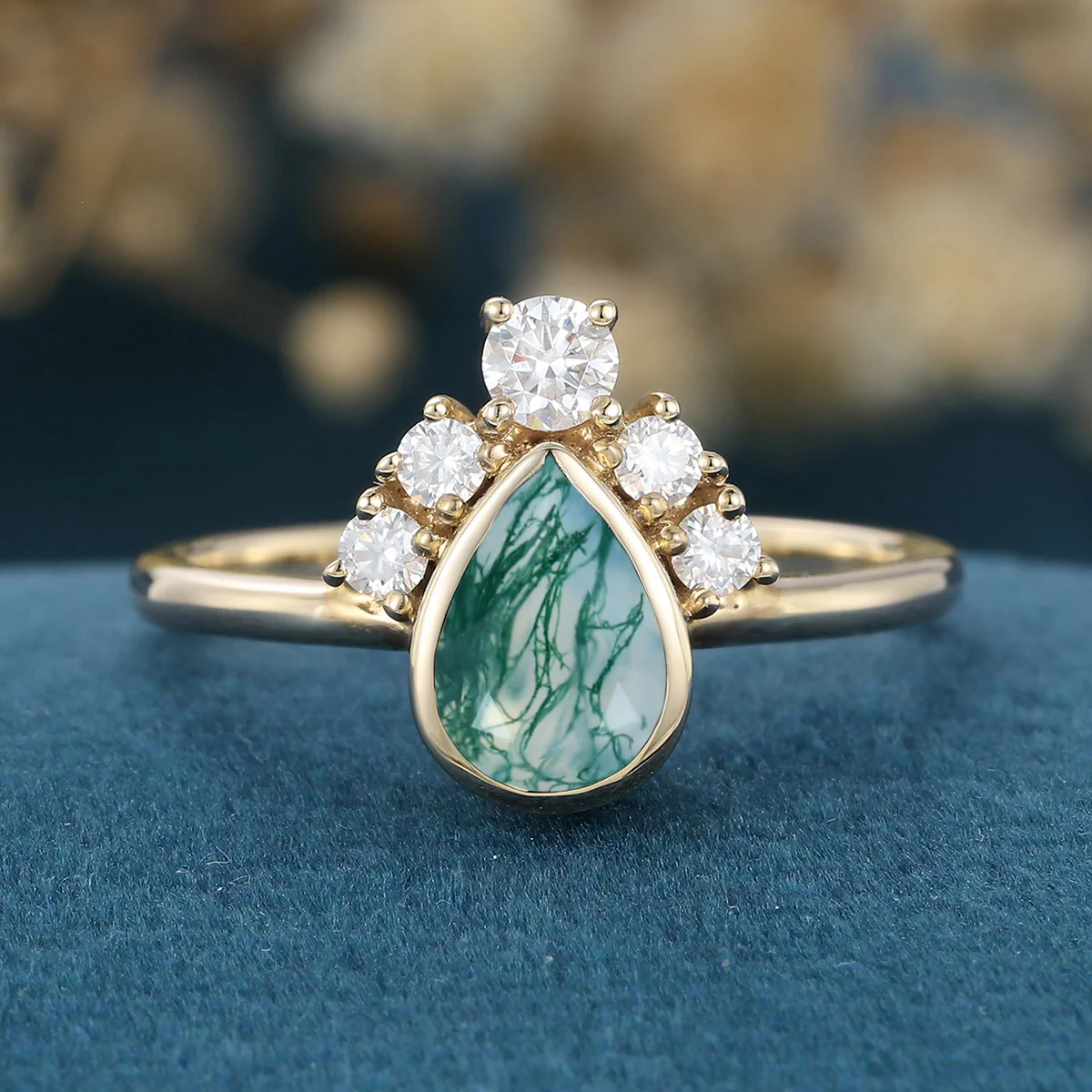Bezel setting Pear cut Moss Agate Halo Moissanite | Diamonds Gold Engagement Ring - Image 7