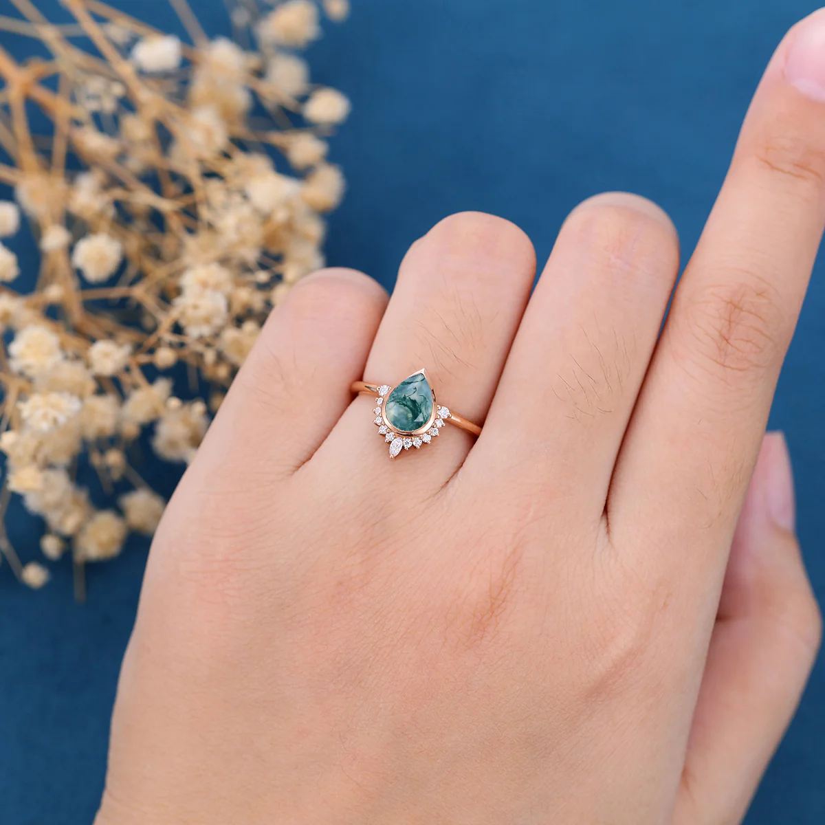 Bezel setting Pear cut Moss Agate Halo Moissantie| Diamonds Gold Engagement Ring - Image 2