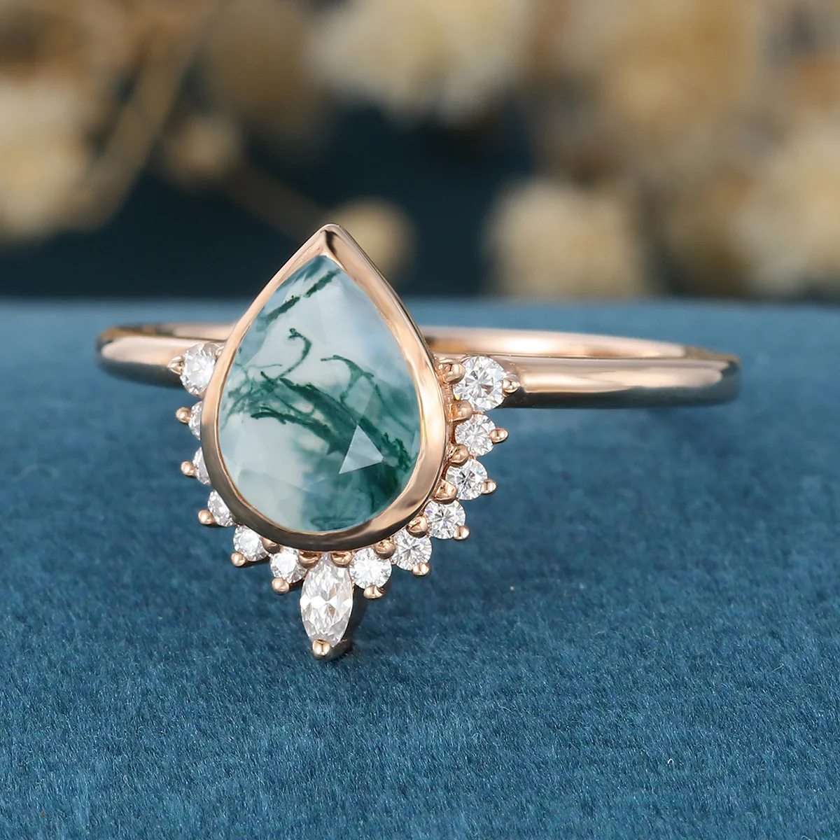 Bezel setting Pear cut Moss Agate Halo Moissantie| Diamonds Gold Engagement Ring - Image 5
