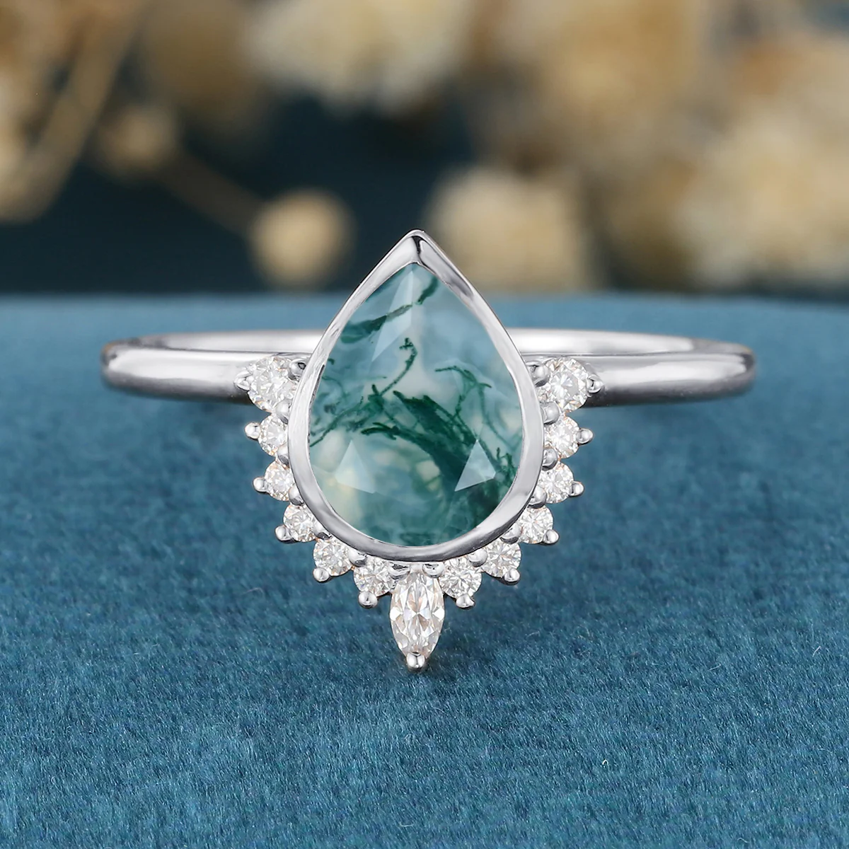 Bezel setting Pear cut Moss Agate Halo Moissantie| Diamonds Gold Engagement Ring - Image 6