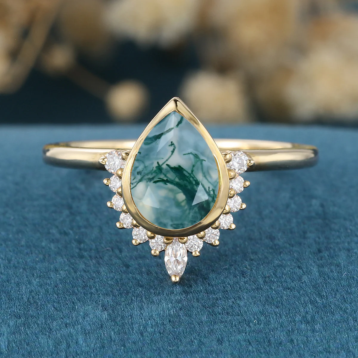Bezel setting Pear cut Moss Agate Halo Moissantie| Diamonds Gold Engagement Ring - Image 7