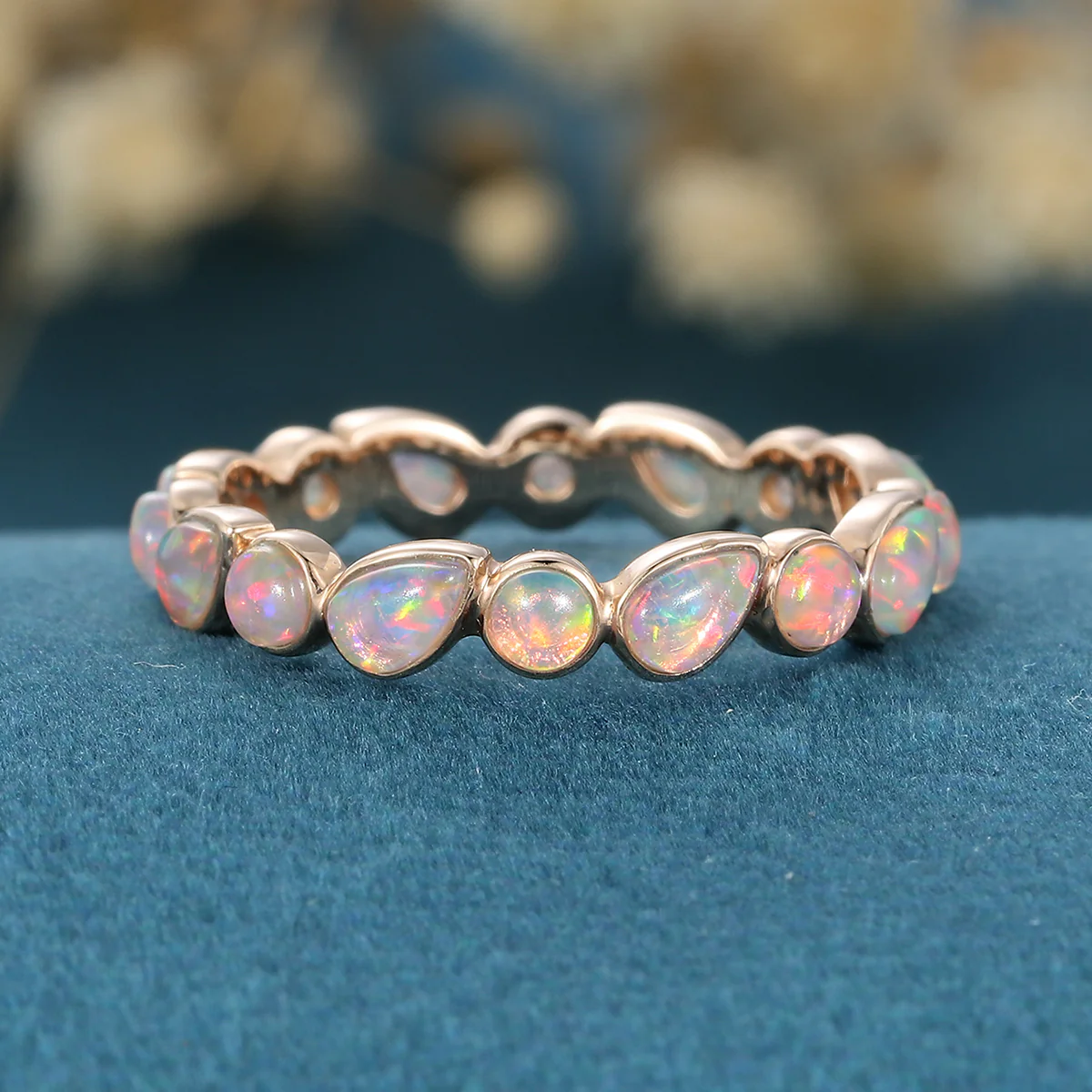 Bezel setting Pear cut Lab Opal Full Eternity Gold Wedding Band - Image 3