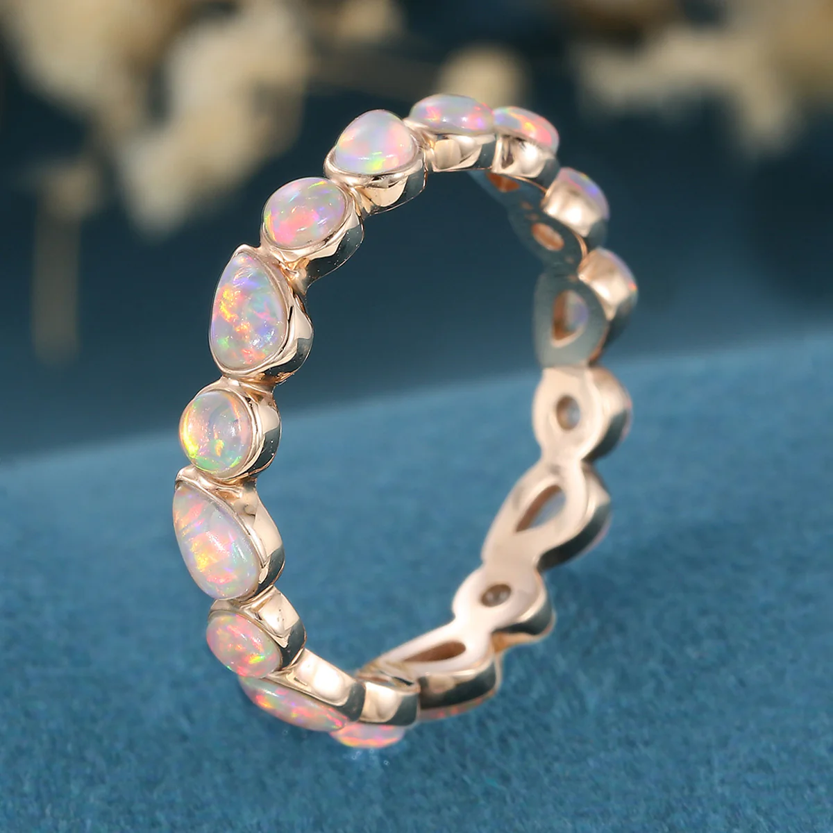 Bezel setting Pear cut Lab Opal Full Eternity Gold Wedding Band - Image 4