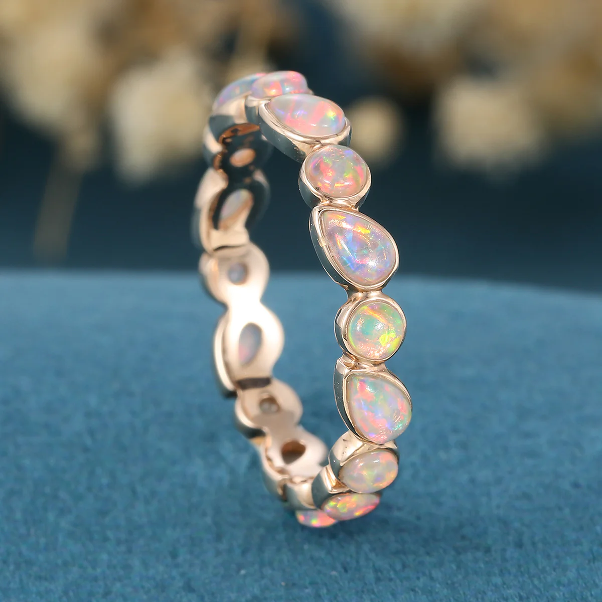 Bezel setting Pear cut Lab Opal Full Eternity Gold Wedding Band - Image 5