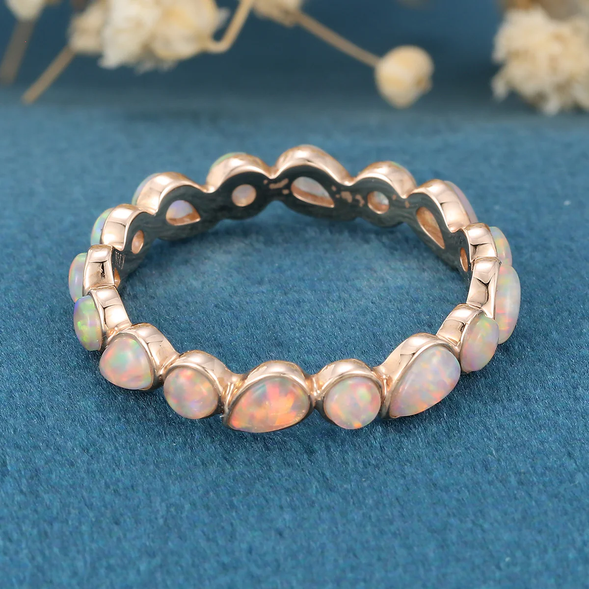 Bezel setting Pear cut Lab Opal Full Eternity Gold Wedding Band - Image 6