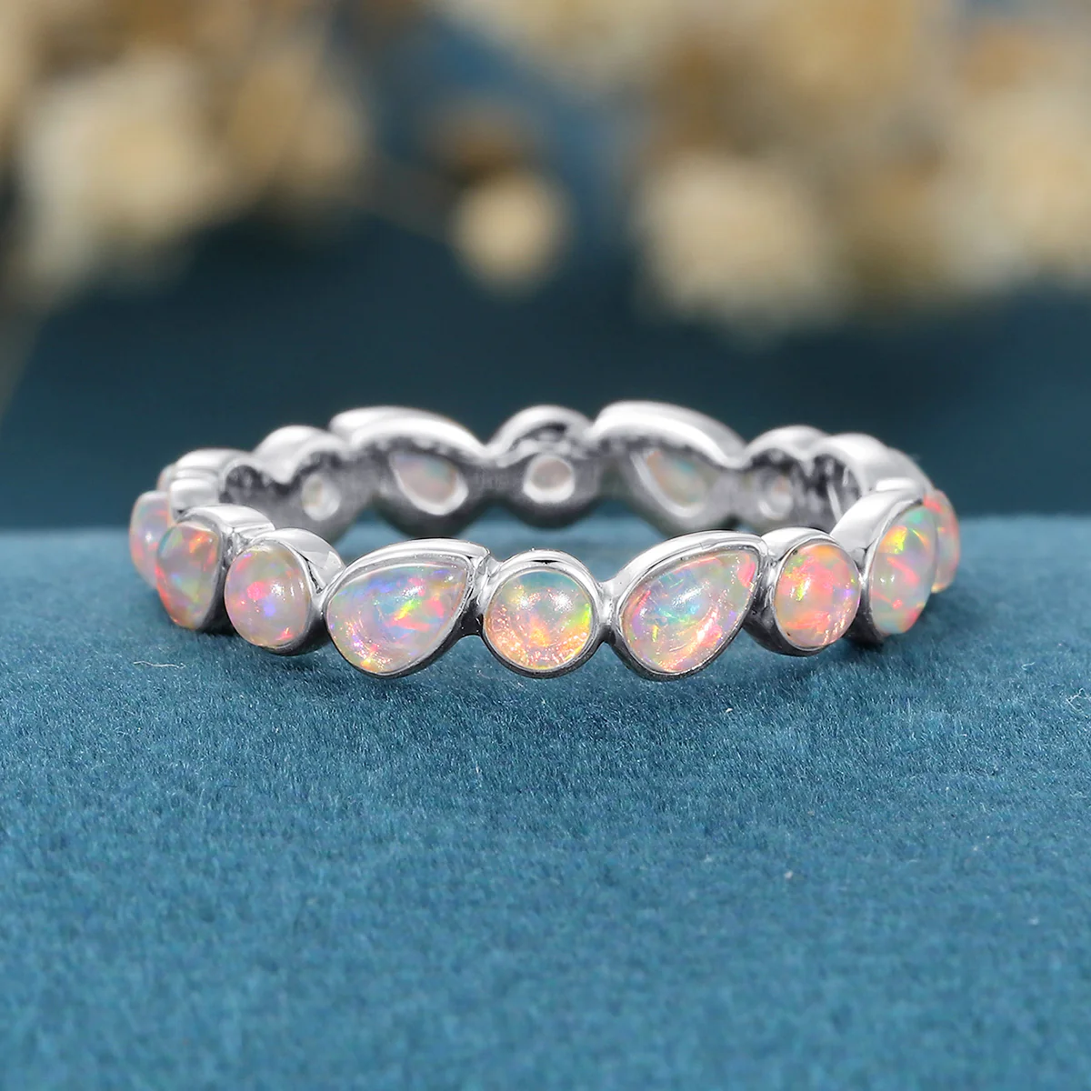 Bezel setting Pear cut Lab Opal Full Eternity Gold Wedding Band - Image 7