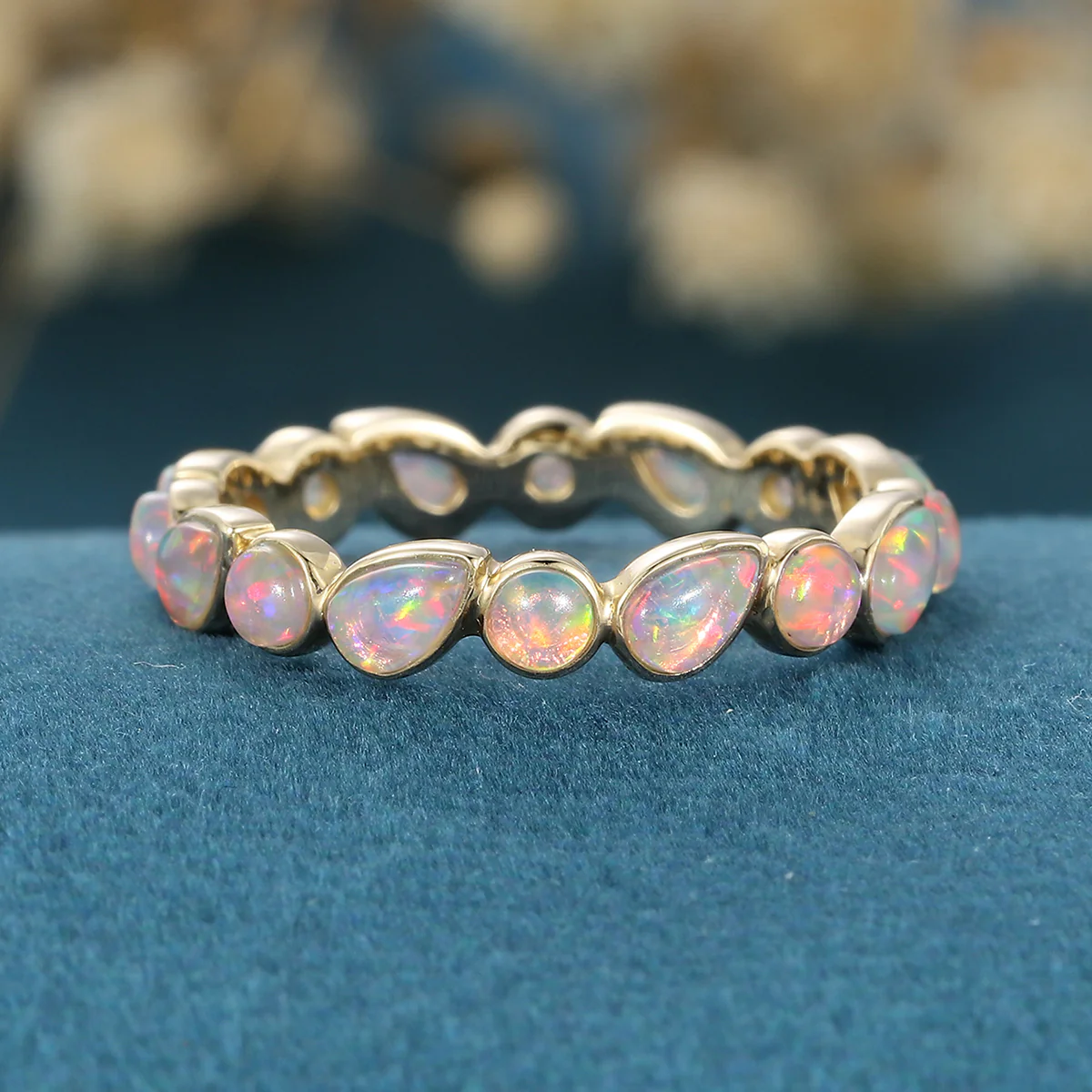 Bezel setting Pear cut Lab Opal Full Eternity Gold Wedding Band - Image 8