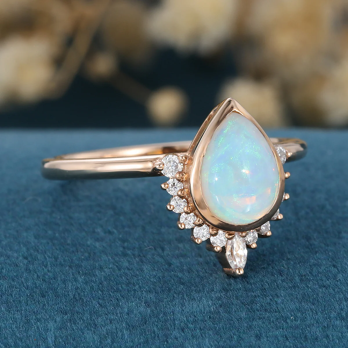 Bezel setting Pear cut Opal Halo Moissantie| Diamonds Gold Engagement Ring - Image 4