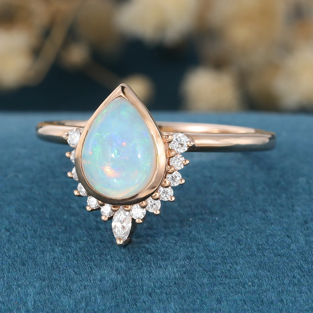 Bezel setting Pear cut Opal Halo Moissantie| Diamonds Gold Engagement Ring - Image 5
