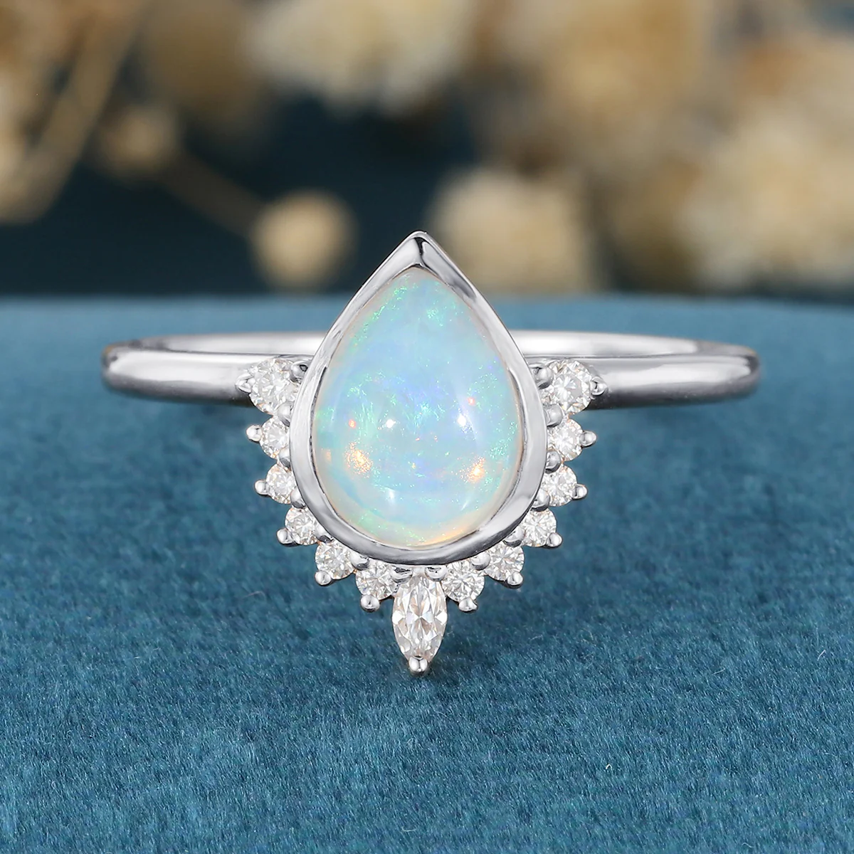 Bezel setting Pear cut Opal Halo Moissantie| Diamonds Gold Engagement Ring - Image 7