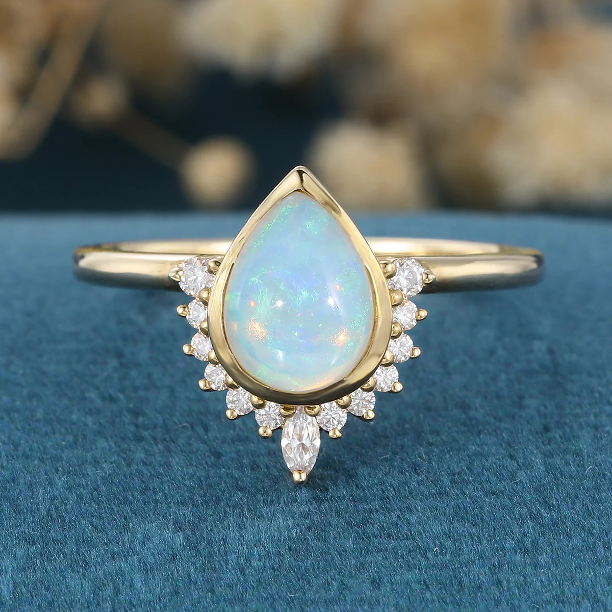 Bezel setting Pear cut Opal Halo Moissantie| Diamonds Gold Engagement Ring - Image 8