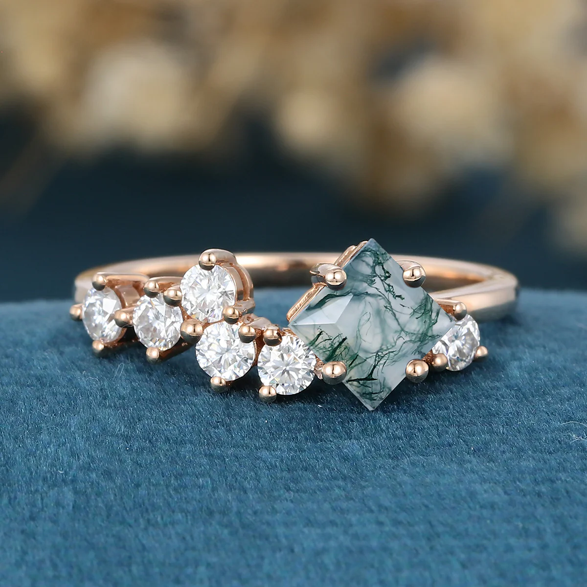 Princess cut Moss Agate Matching Moissanite | Diamonds Gold Engagement Ring - Image 3